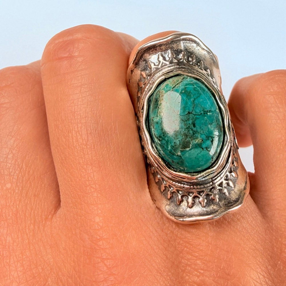 DIDAE 9.5CT Real Eliat Turquoise Sterling Silver Vintage Boho Saddle Israel Ring - Picture 10 of 12